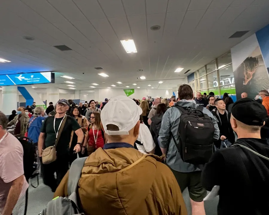 A long line at security at Vancouver Port