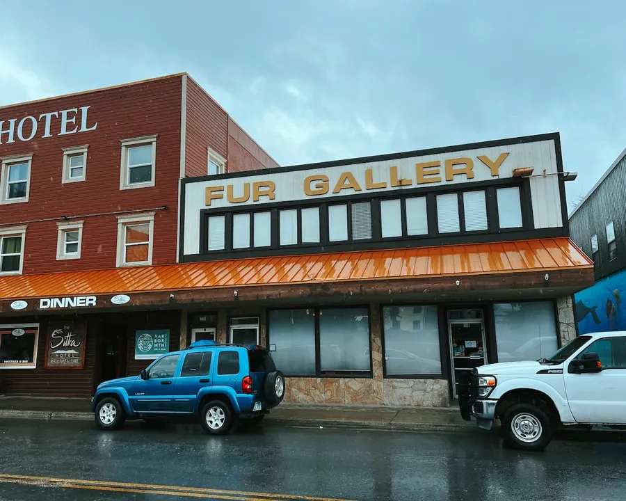 A building in Sitka with a sign reading Fur Gallery