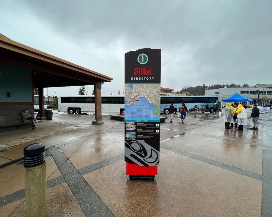 Large sign reading 'Sitka Directory' with a map and walking details